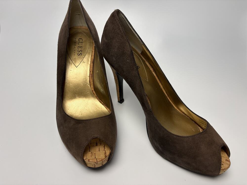 GUESS Brown Suede Heels with Cork Stiletto & Cork Open Toe Size 8M